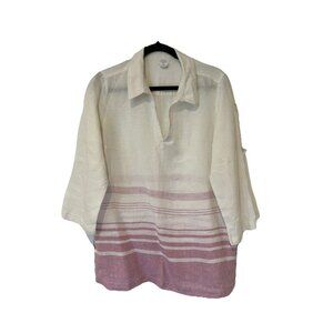 Sigrid‎ Olsen Womens Blouse L Linen Striped Tunic Shirt Top White Pink